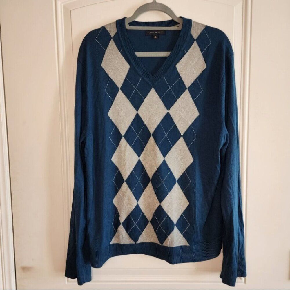 Banana Republic Lightweight Silk Blend Argyle Sweater XL Teal Gray Preppy